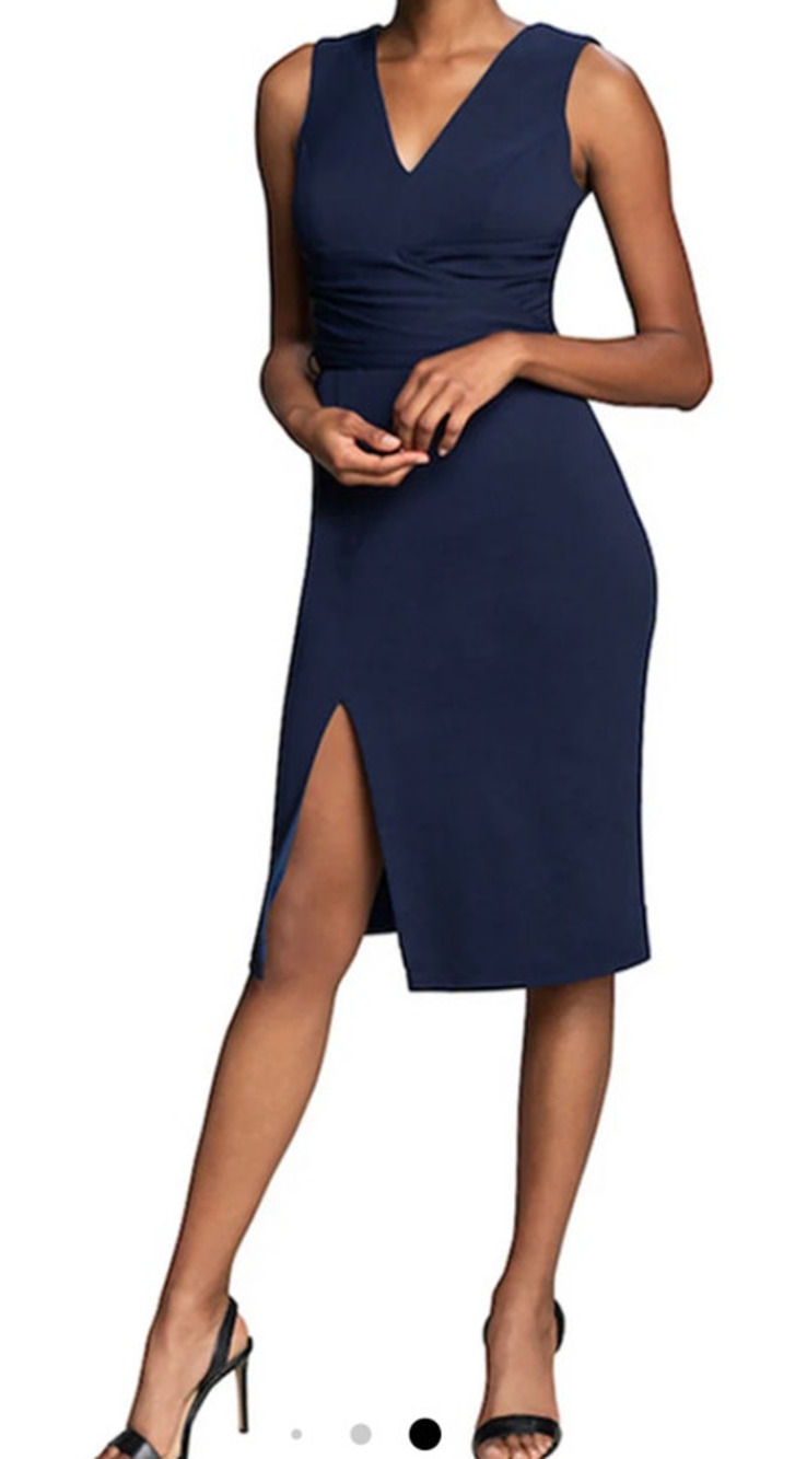 Dress the Population dress Alessia tie waist crepe navy Large L DEFECT